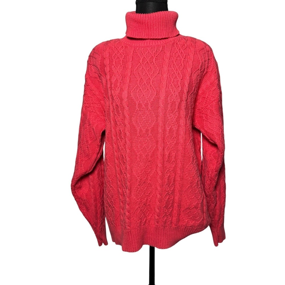 Jeanne Pierre Fisherman Turtleneck Sweater Women M Cotton Coral Retro Coastal